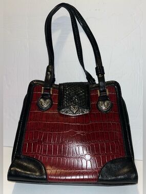 Vintage Handbag Two-Toned Dark Red & Black Crocodile & Conch Accents